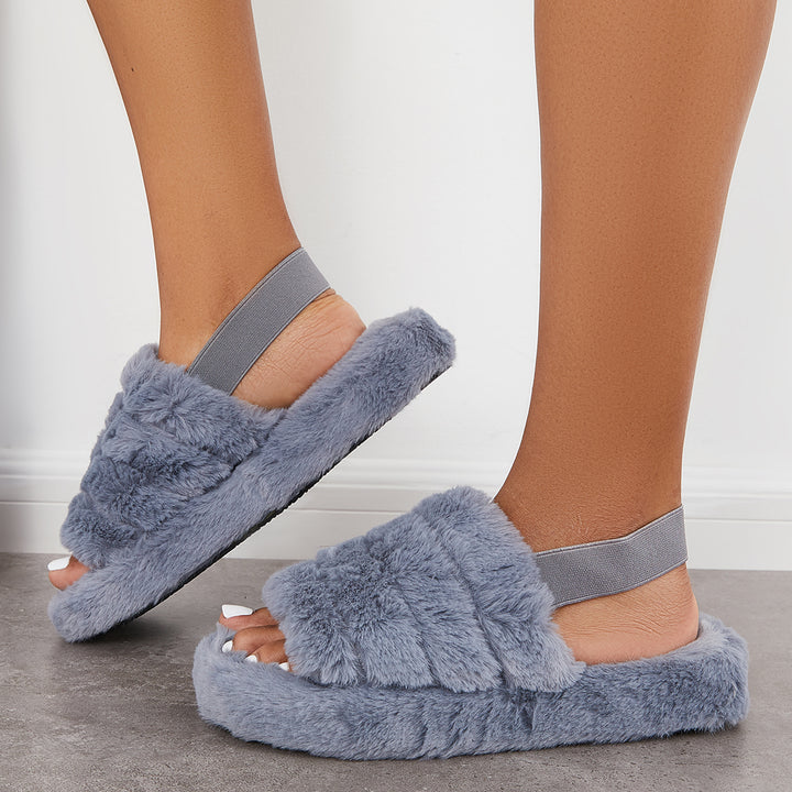 Warm Faux Fur Slippers Fuzzy Elastic Back Straps Slide Shoes