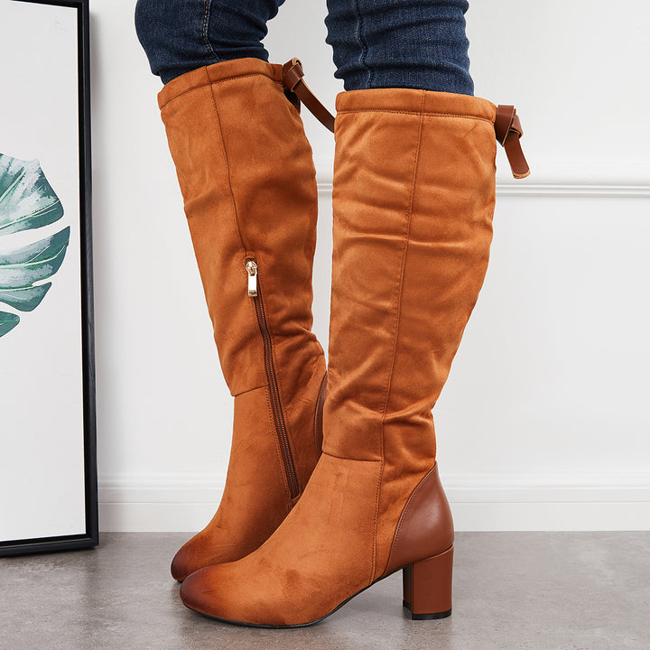 Wide Calf Chunky Heel Riding Boots Round Toe Knee High Boots