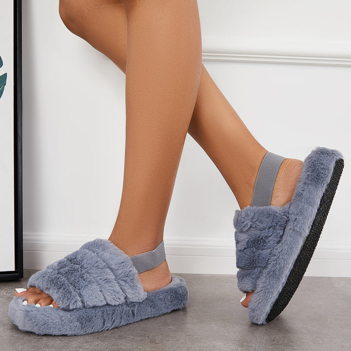 Warm Faux Fur Slippers Fuzzy Elastic Back Straps Slide Shoes
