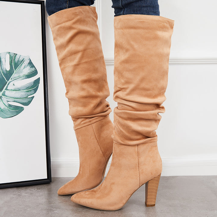 Slouch Knee High Boots Wide Calf Chunky Stack Heel Booties