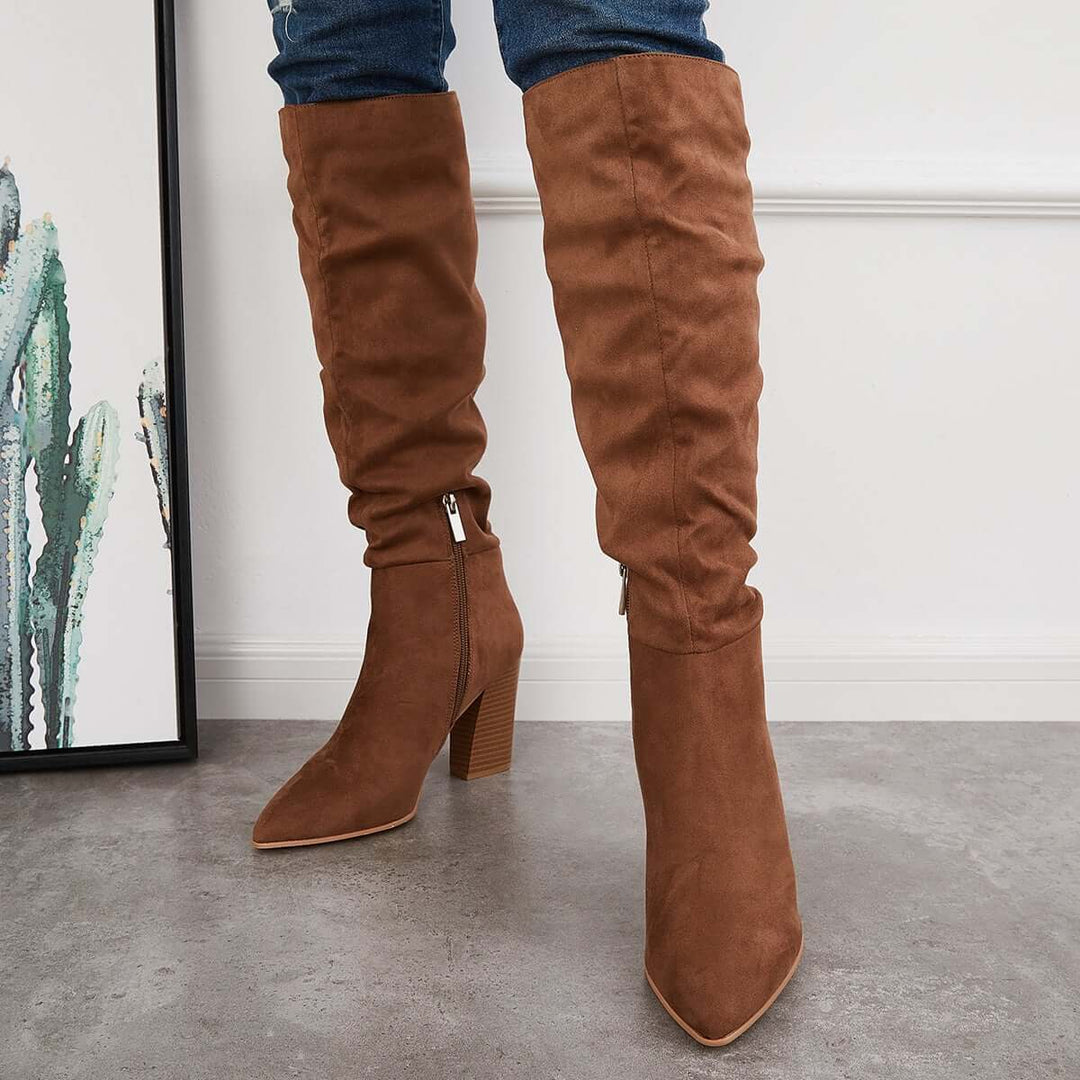 Suede Knee High Tall Boots Block Heel Mid Calf Riding Boots