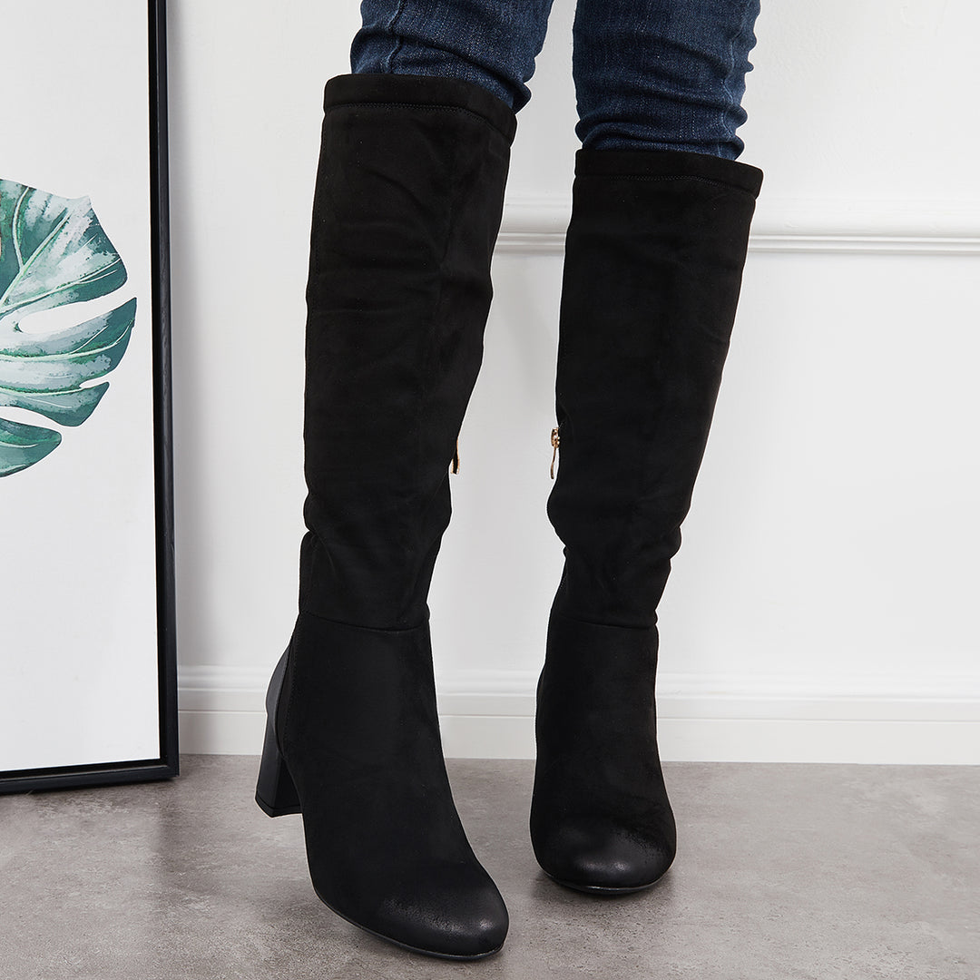 Wide Calf Chunky Heel Riding Boots Round Toe Knee High Boots