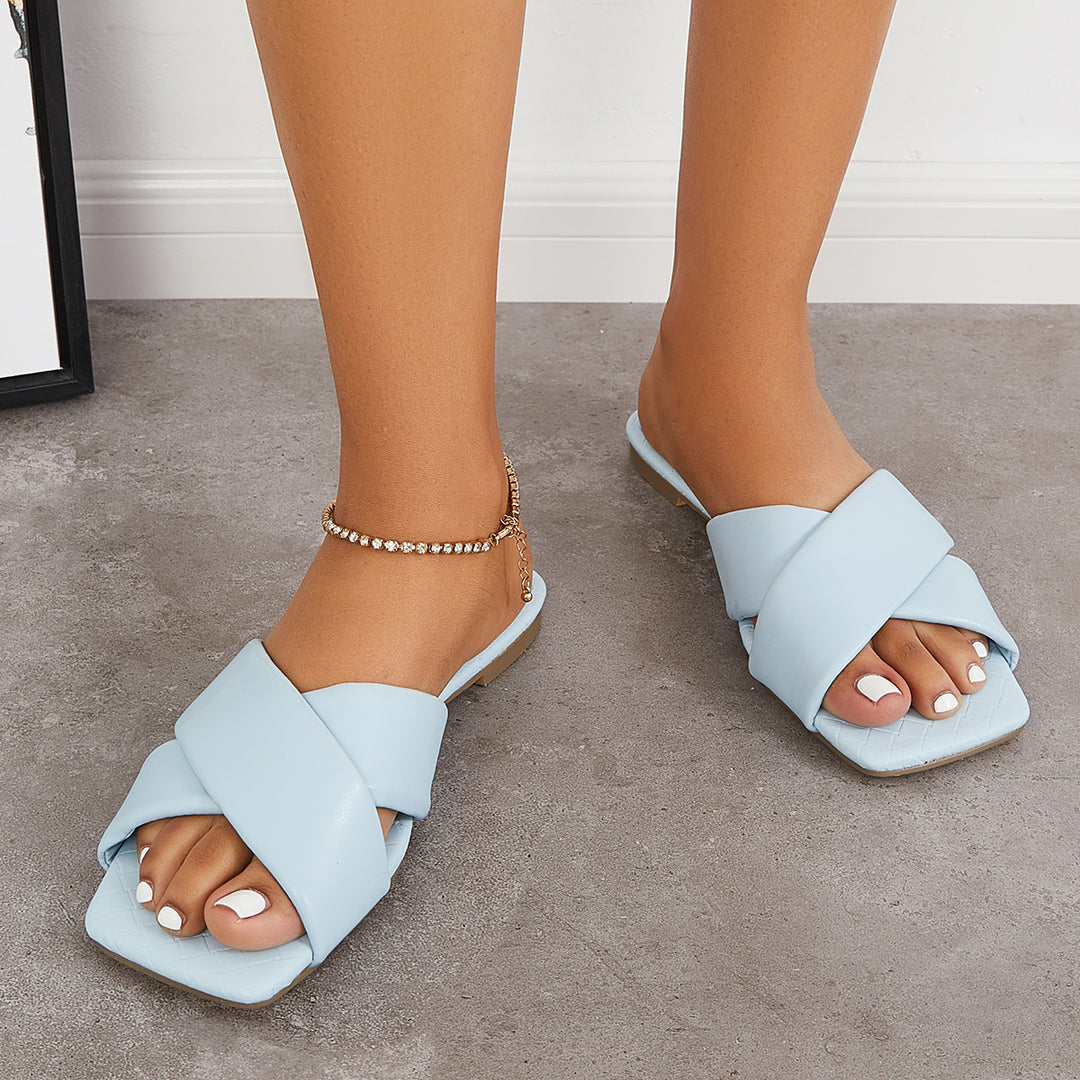 Criss Cross Slide Sandals Square Toe Flat Slippers