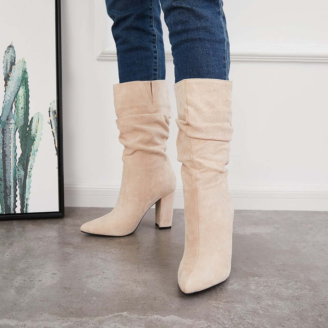 Slouch Mid Calf Boots Wide Calf Chunky High Heel Boots