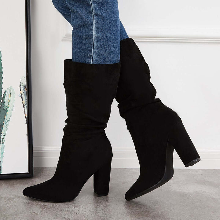 Slouch Mid Calf Boots Wide Calf Chunky High Heel Boots