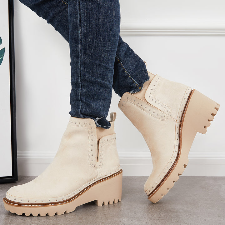Round Toe Platform Wedge Chelsea Booties Lug Sole Ankle Boots