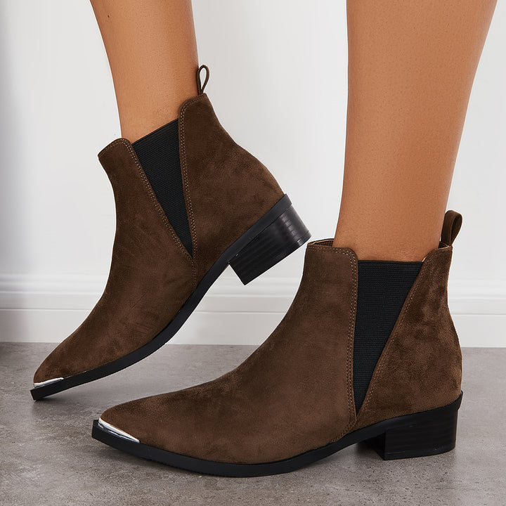 Women Pointed Toe Western Boots Chunky Heel Slip On Ankle Booties