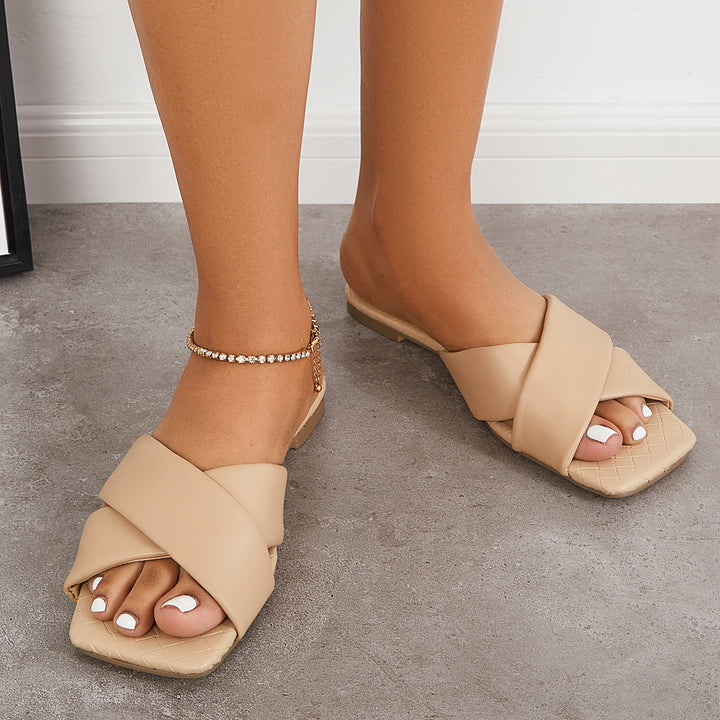Criss Cross Slide Sandals Square Toe Flat Slippers
