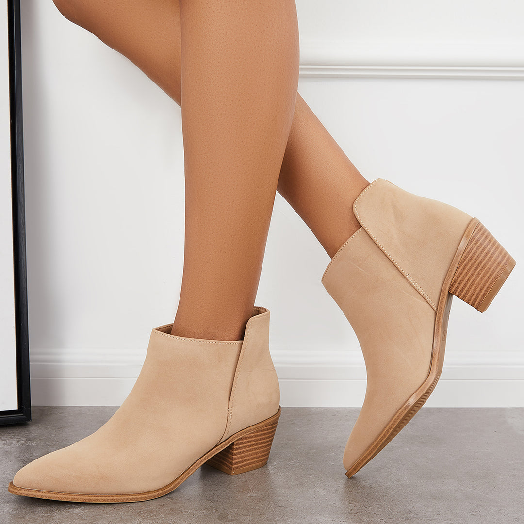 Pointed Toe Slip On Booties Stacked Block Heel Ankle Boots