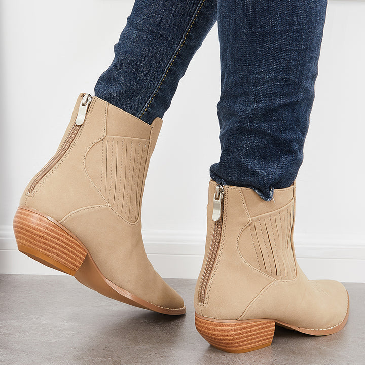 Western Cowboy Booties Chunky Stacked Heel Zipper Ankle Boots