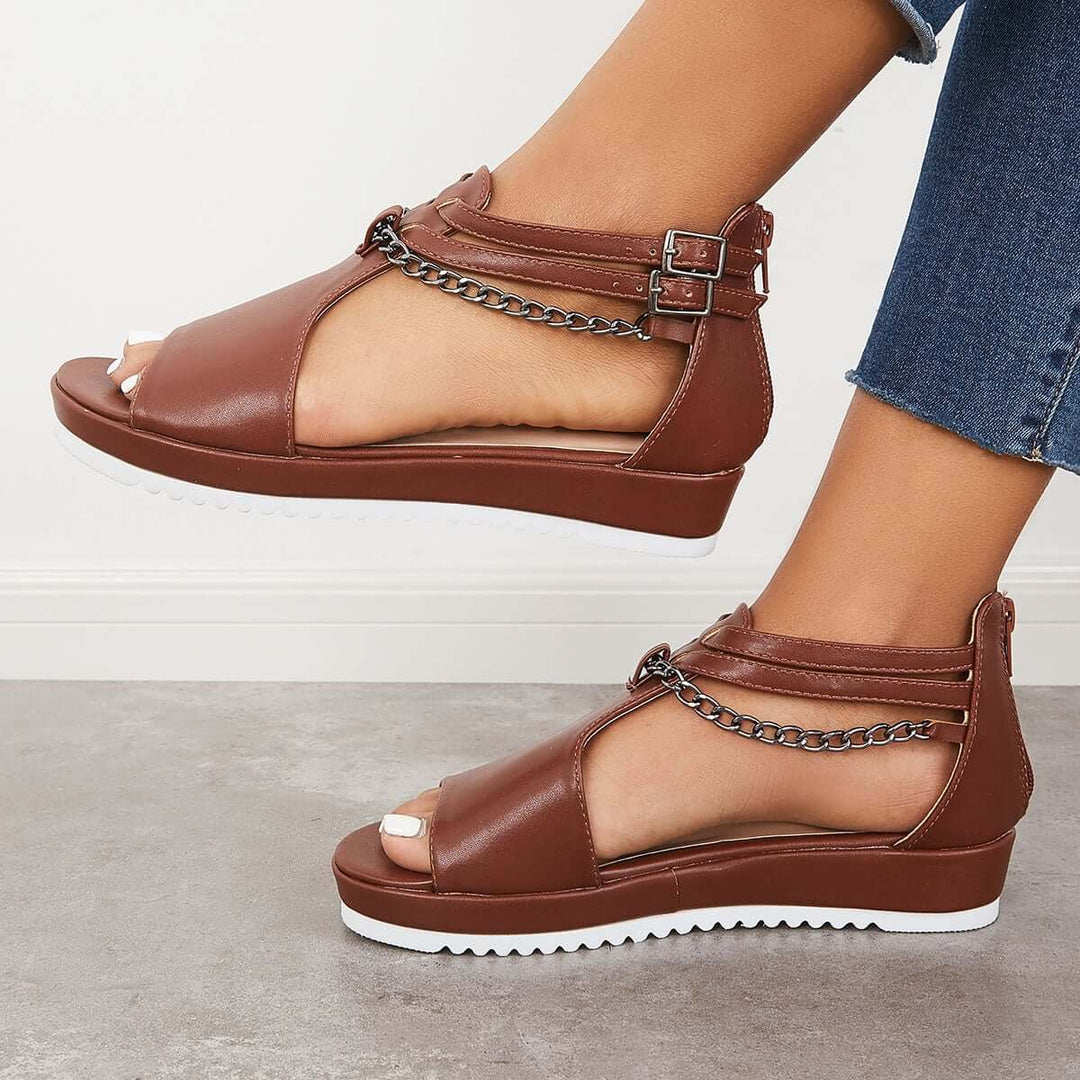 T-Strap Platform Wedge Heel Sandals Ankle Strap Shoes