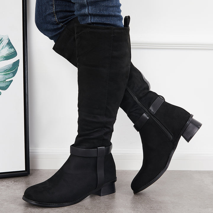 Women Knee High Boots Chunky Stacked Heel Winter Riding Boots