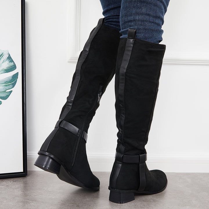 Women Knee High Boots Chunky Stacked Heel Winter Riding Boots
