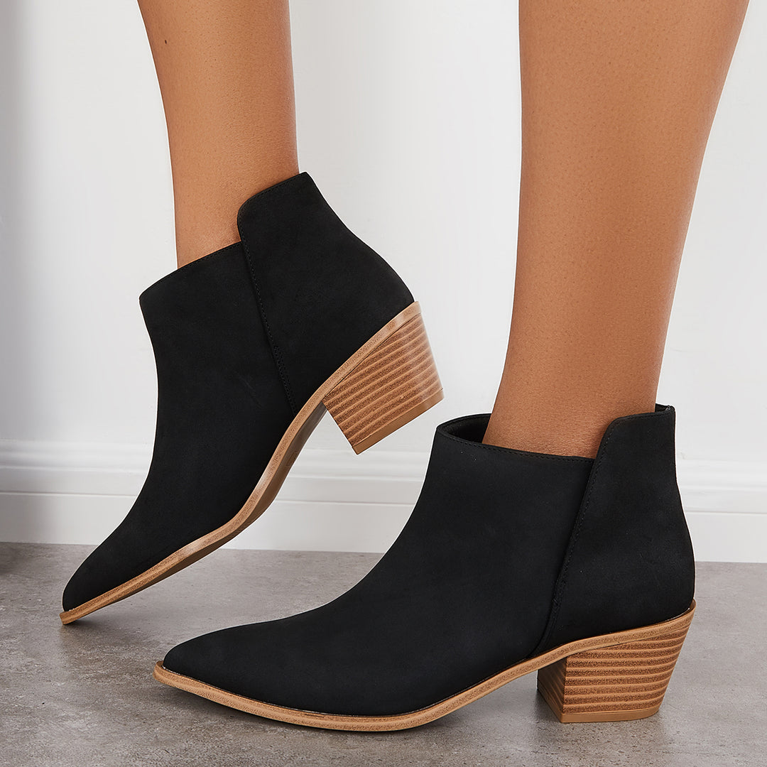 Pointed Toe Slip On Booties Stacked Block Heel Ankle Boots