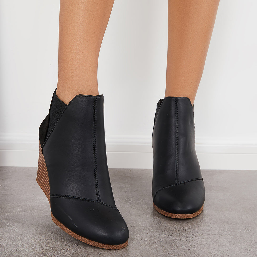 Round Toe Wedge Heel Ankle Boots Slip on Dress Booties