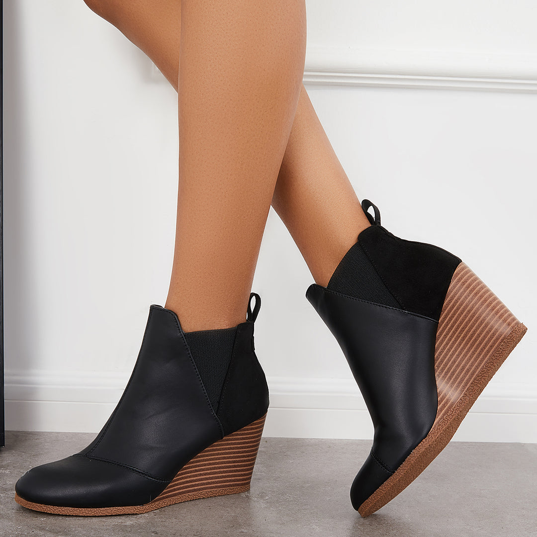 Round Toe Wedge Heel Ankle Boots Slip on Dress Booties