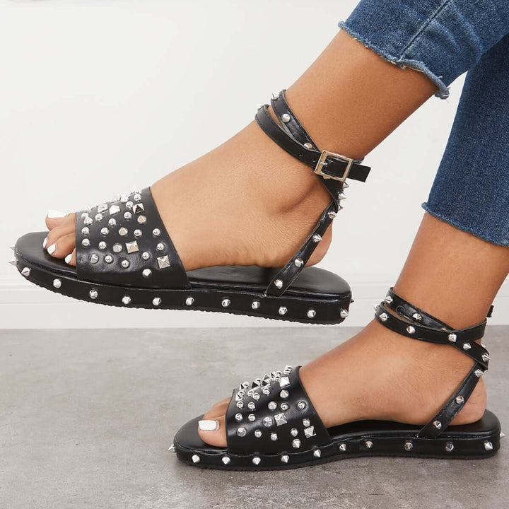 Black Gothic Buckle Strap Flat Sandals Punk Strappy Studded Sandals