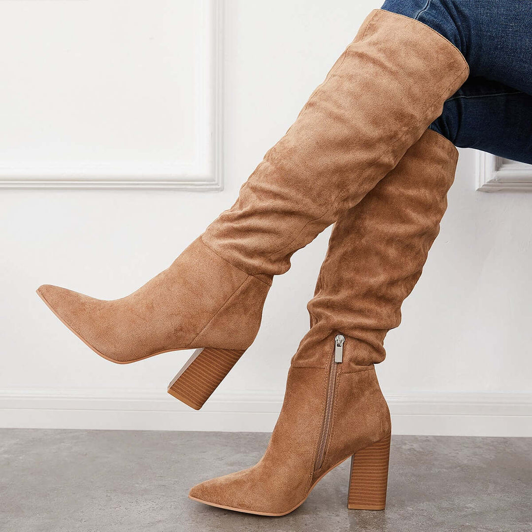 Suede Knee High Tall Boots Block Heel Mid Calf Riding Boots