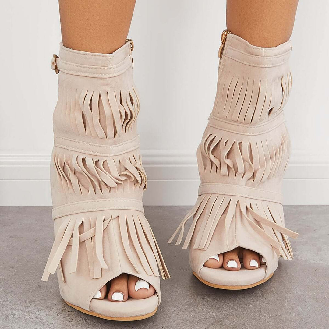Fashion Fringe Peep Toe Stilettos High Heels Ankle Boots