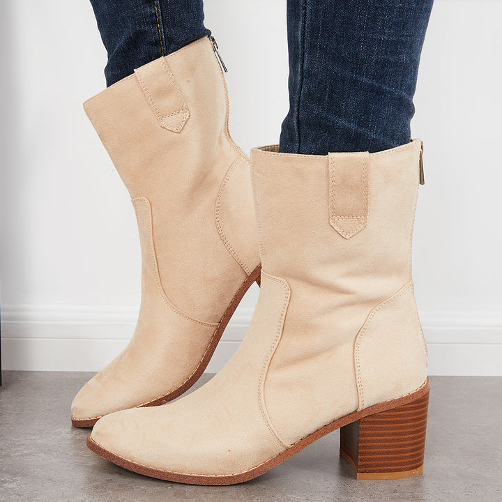 Wide Mid Calf Boots Stacked Chunky Heel Western Booties