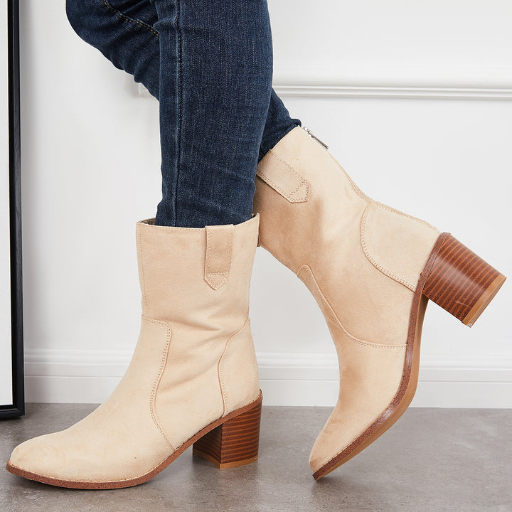 Wide Mid Calf Boots Stacked Chunky Heel Western Booties
