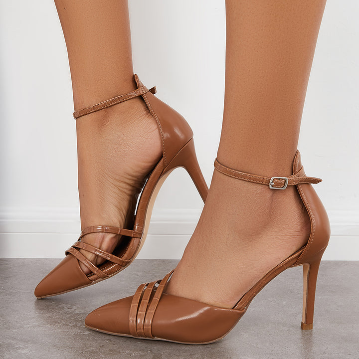 Women Pointed Toe Stiletto High Heels Ankle Strap Dress Pumps