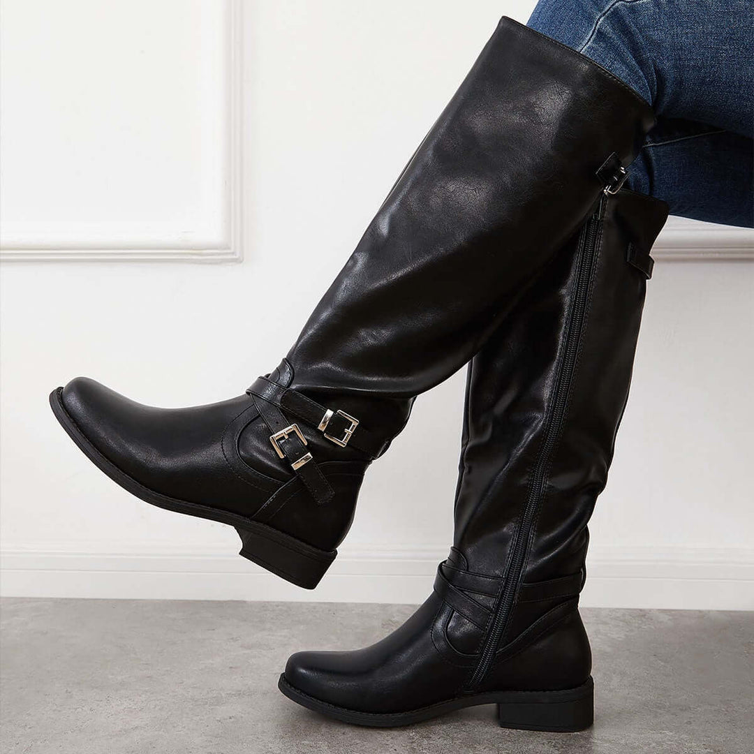 Round Toe Western Knee High Riding Boots Wide Calf Boots