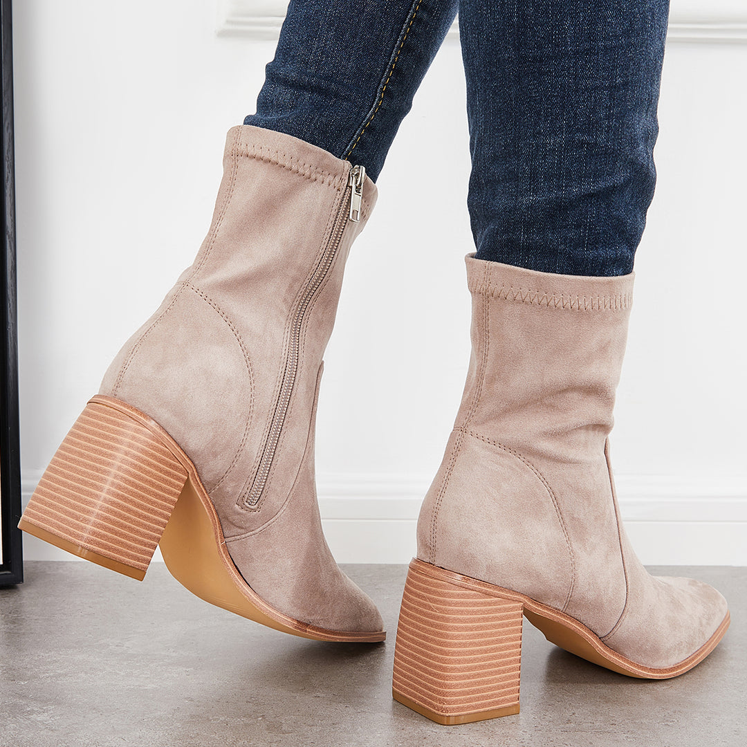 Square Toe Ankle Boots Side Zipper Chunky Stacked Heel Booties