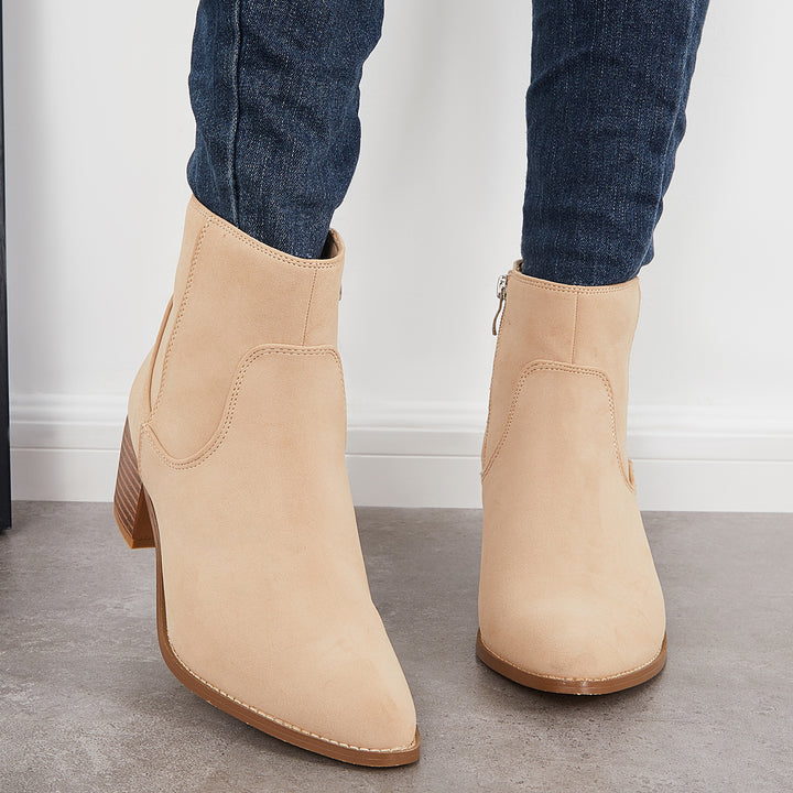 Chunky Block Heel Ankle Boots Pointed Toe Zipper Western Booties