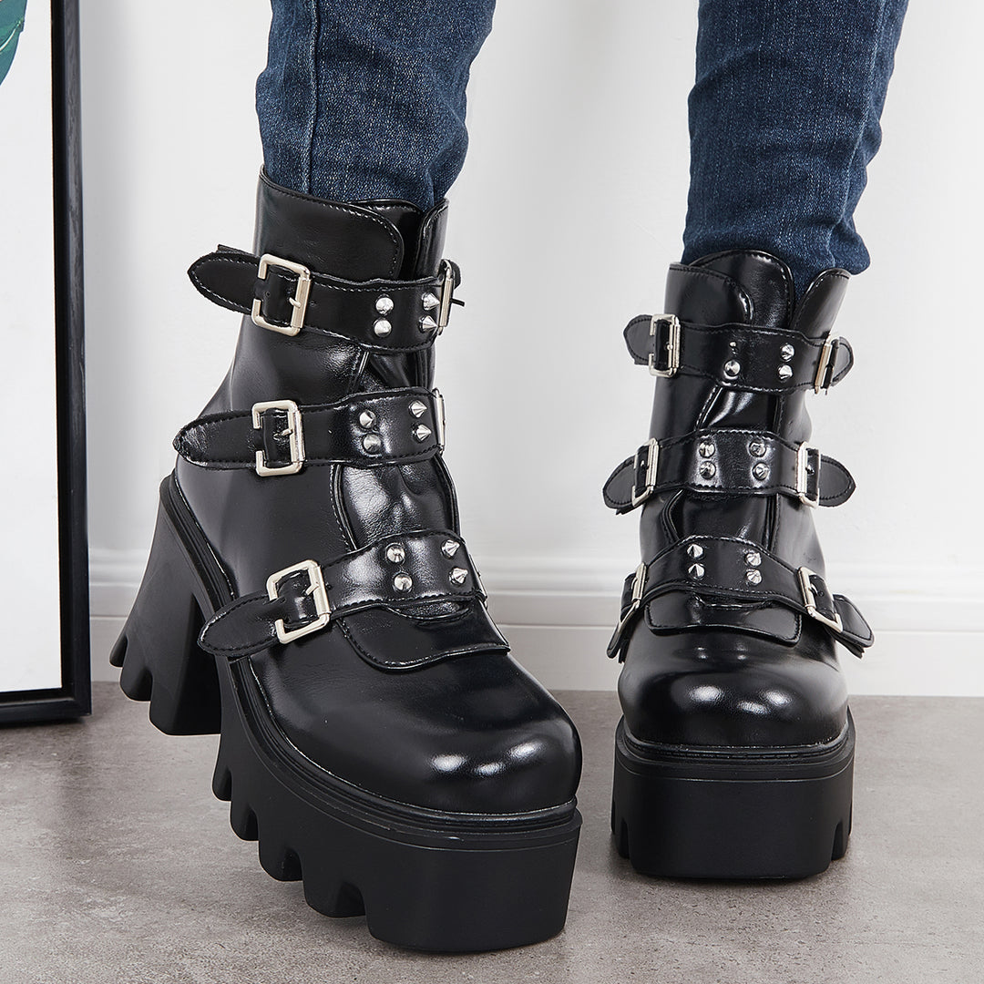 Black Goth Platform Chunky Heel Bootites Studded Punk Ankle Boots