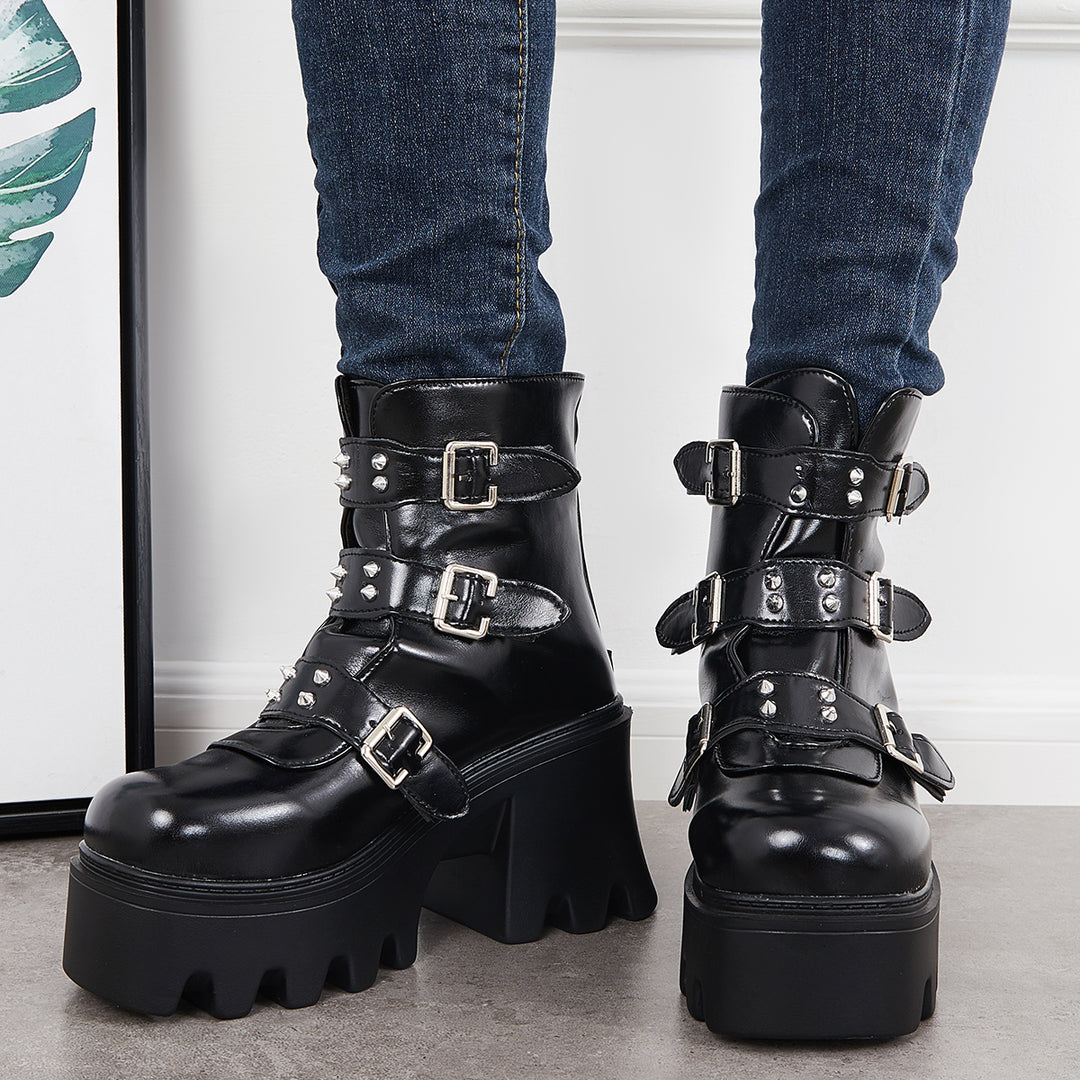 Black Goth Platform Chunky Heel Bootites Studded Punk Ankle Boots