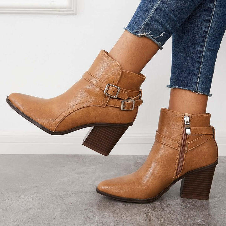 Chunky Block Heel Ankle Boots Western Cowboy Buckle Strap Booties