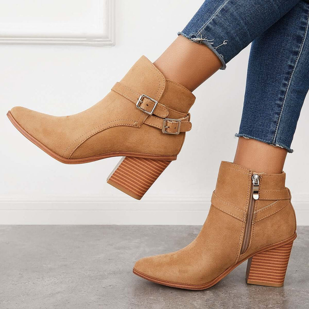 Chunky Block Heel Ankle Boots Western Cowboy Buckle Strap Booties