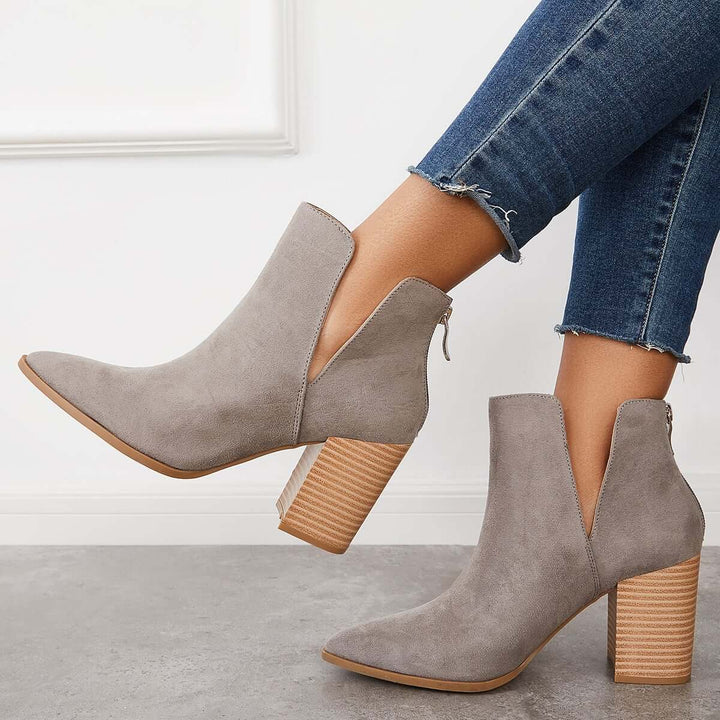 Cutout Pointed Toe Western Cowboy Ankle Boots Chunky Heel Booties