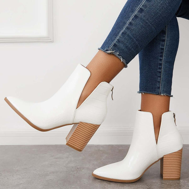 Cutout Pointed Toe Western Cowboy Ankle Boots Chunky Heel Booties