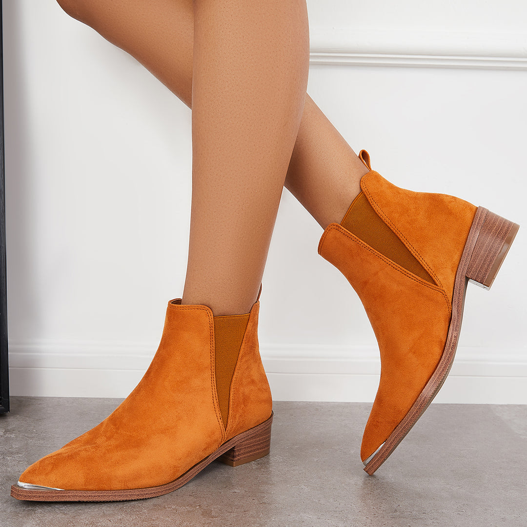 Women Pointed Toe Western Boots Chunky Heel Slip On Ankle Booties