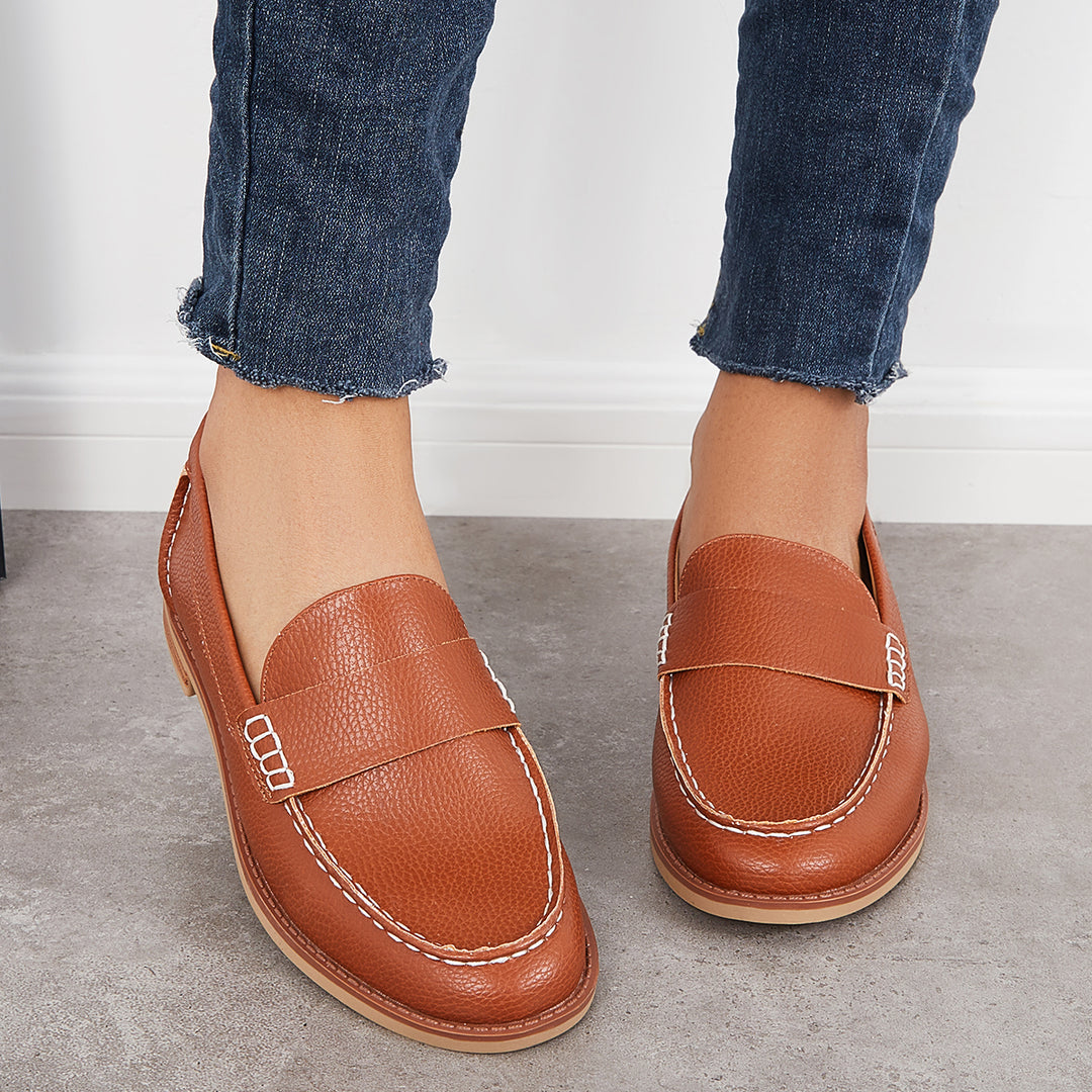 Retro Round Toe Penny Loafers Low Heel Slip on Walking Shoes