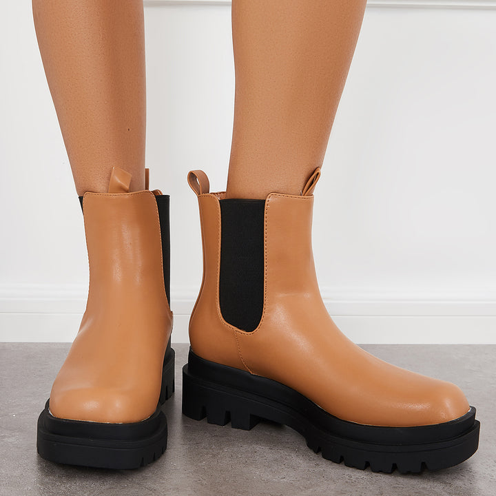 Women Lug Sole Platform Booties Chunky Heel Chelsea Ankle Boots