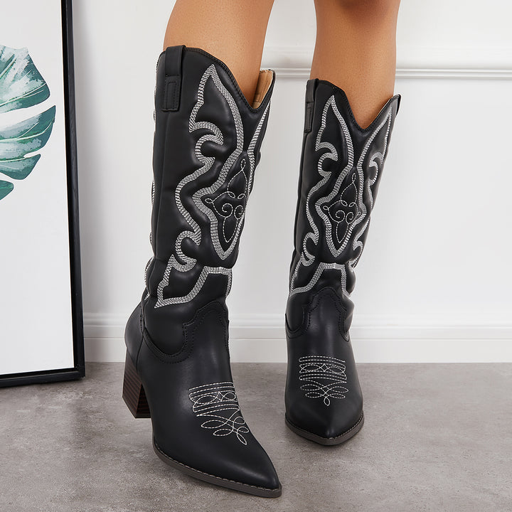 Embroidered Western Cowboy Boots Chunky Heel Mid Calf Riding Boots