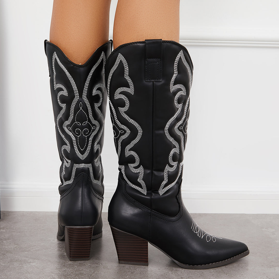 Embroidered Western Cowboy Boots Chunky Heel Mid Calf Riding Boots