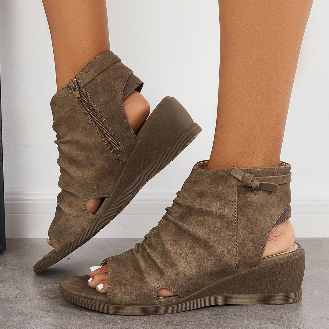 Open Toe Slouchy Ruched Ankle Boots Wedge Sandals