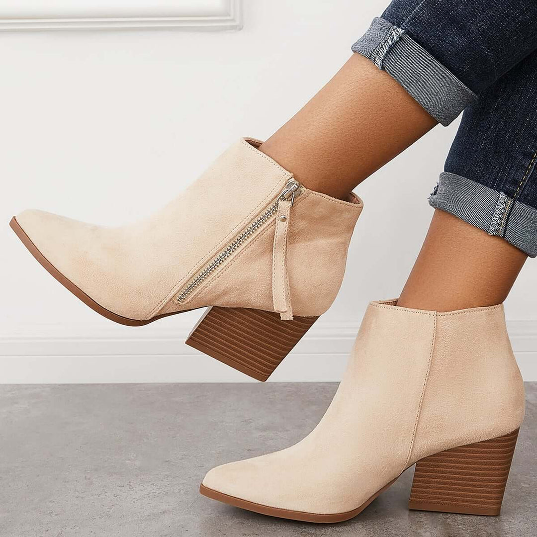 Pointed Toe Western Ankle Boots Chunky Block Heel Booties