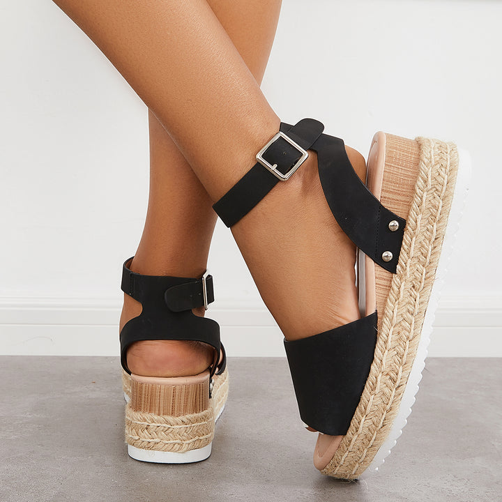 Peep Toe Espadrille Platform Wedges Ankle Strap Sandals