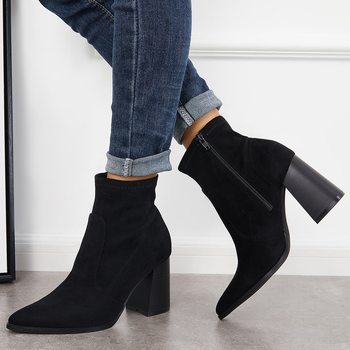 Pointed Toe Ankle Boots Side Zipper High Stacked Heel Booties