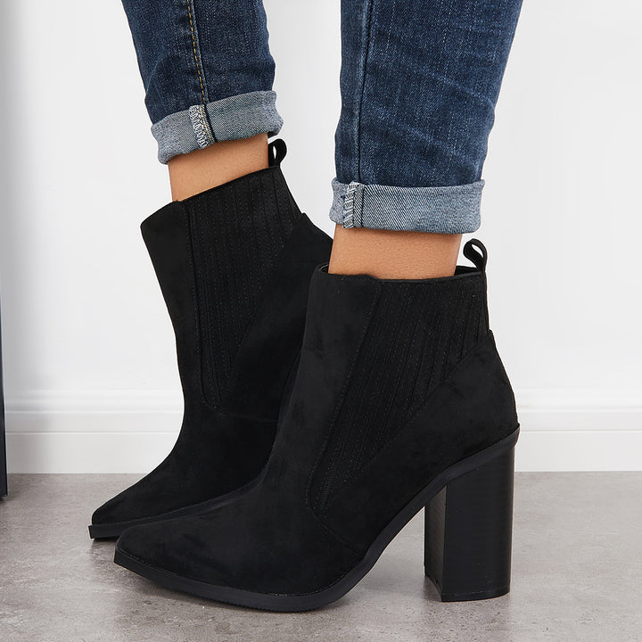 Pointed Toe Chunky Block Heel Ankle Boots Chelsea Western Booties