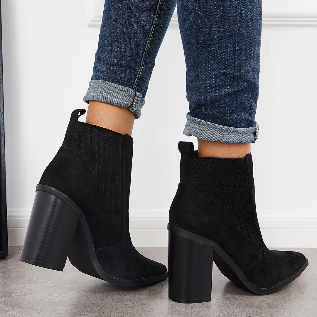 Pointed Toe Chunky Block Heel Ankle Boots Chelsea Western Booties