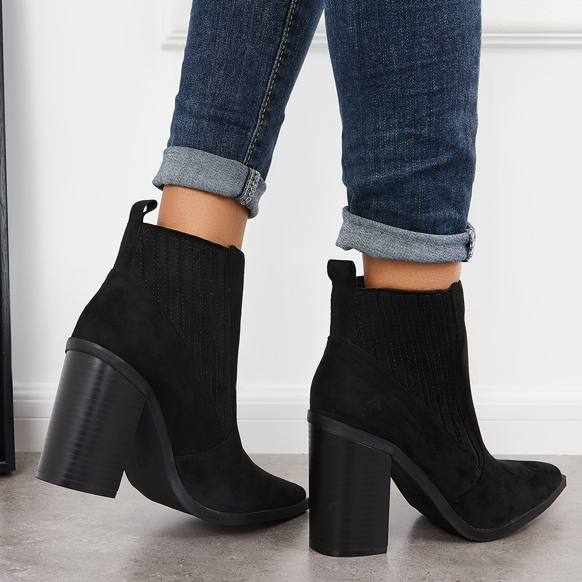 Pointed Toe Chunky Block Heel Ankle Boots Chelsea Western Booties ...