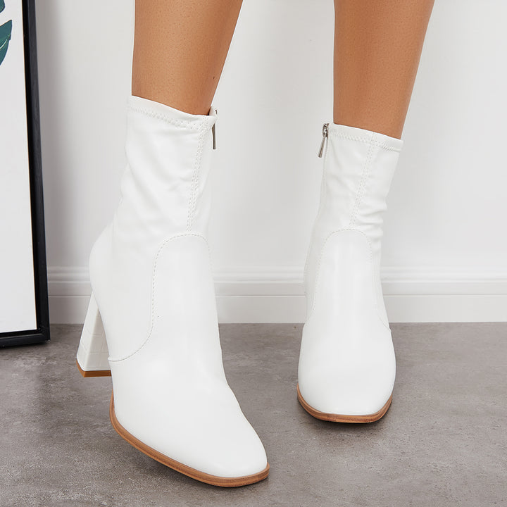 Square Toe Ankle Boots Side Zipper Chunky Block Heel Booties