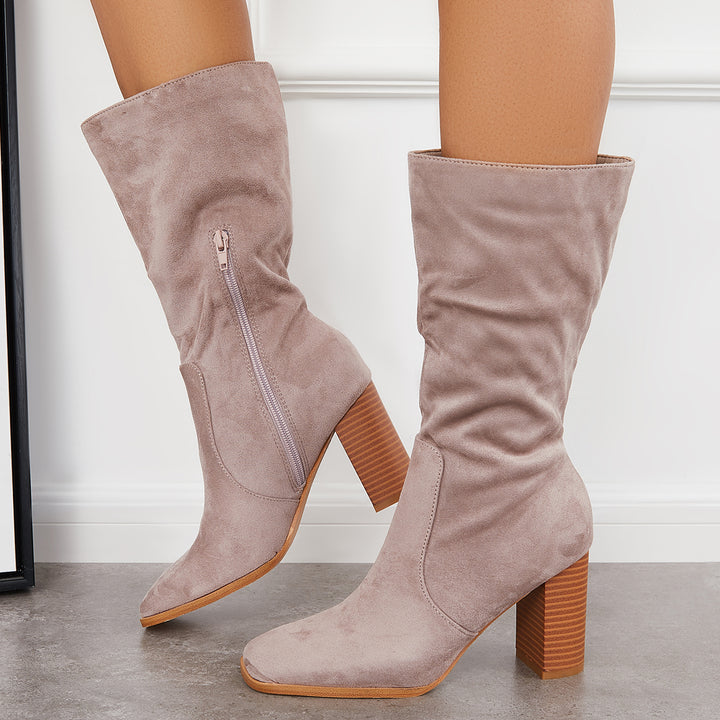 Stretch Wide Calf Riding Boots Suede Chunky High Heel Booties