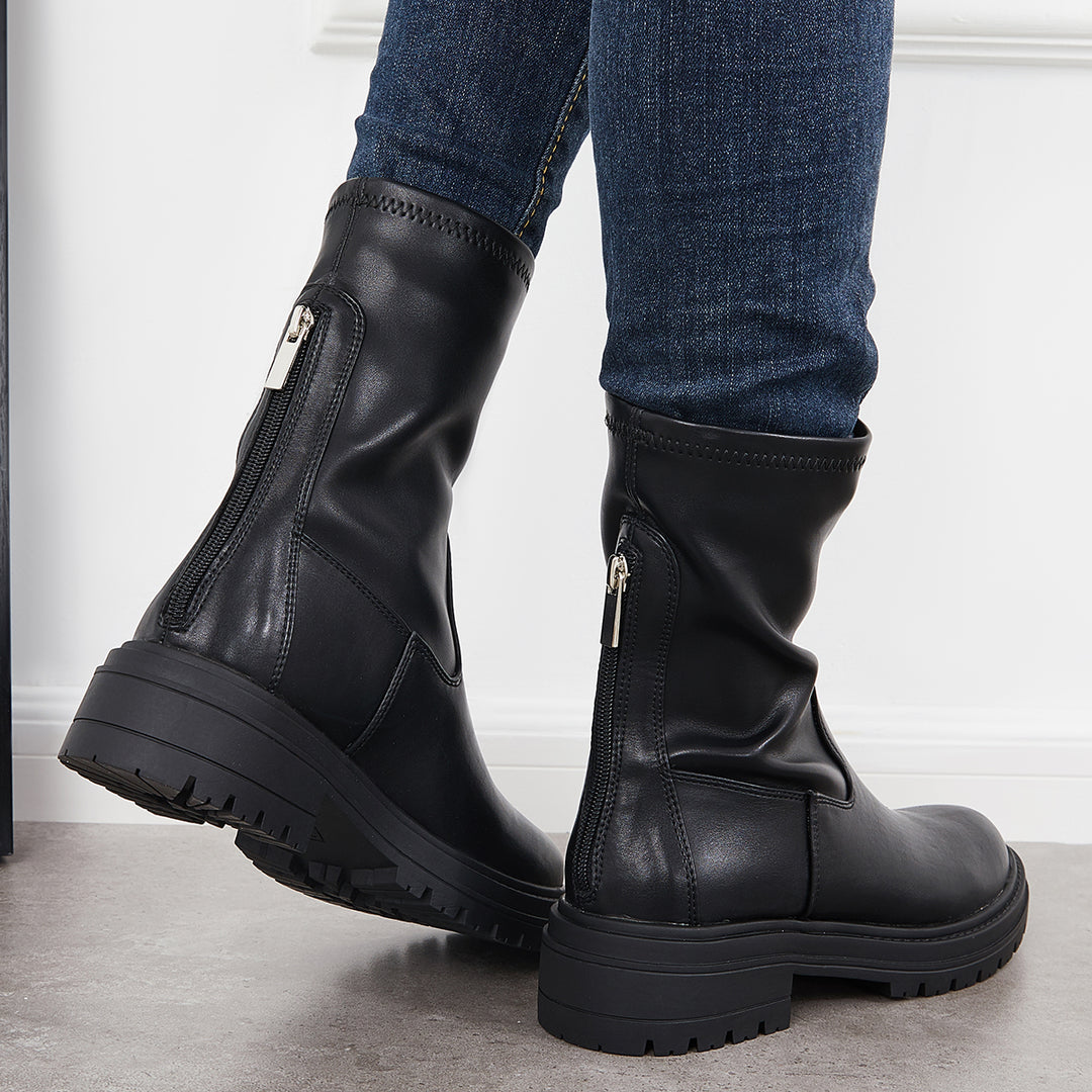 Faux Leather Sock Booties Block Heel Back Zip Up Mid Calf Boots
